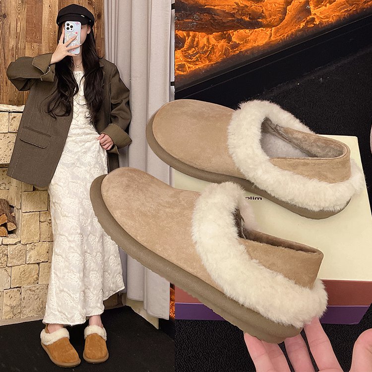 2025秋季新款深口单鞋粗跟圆头深口绒面低跟(1-3cm)一脚蹬人造短