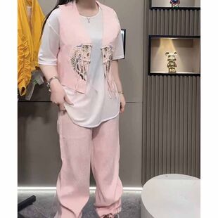 2025夏季新款时尚新中式刺绣盘扣马甲九分裤上衣遮肚显瘦三件套女