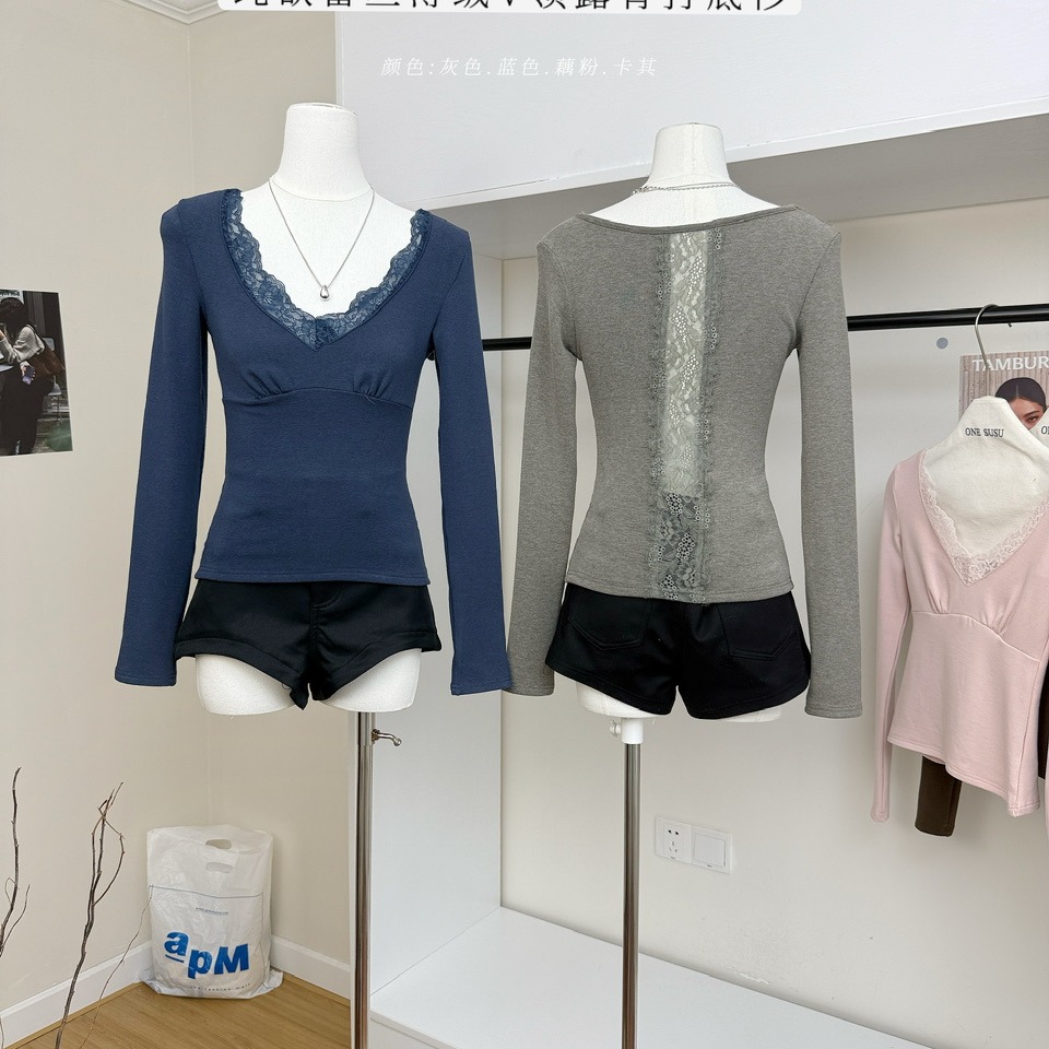 冬上新！蕾丝拼接镂空V领薄绒长袖T恤女设计感纯欲露背打底衫内搭