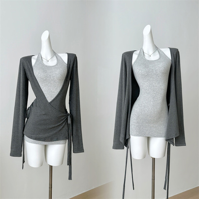 Skk Store 氛围加成 挂脖背心连衣裙女V领长袖针织开衫叠穿套装女