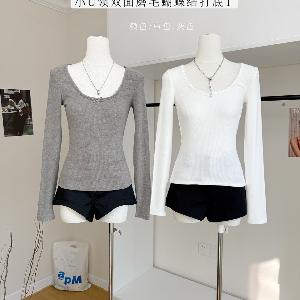 纯欲温柔小U领双面磨毛长袖打底衫女士内搭上衣秋冬修身显瘦体恤