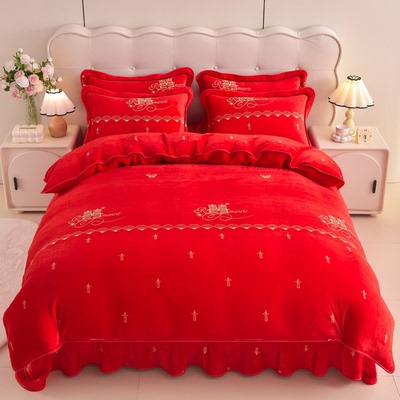 新婚秋冬季加厚牛奶绒四件套喜庆被套红色双面珊瑚绒床单陪嫁床品