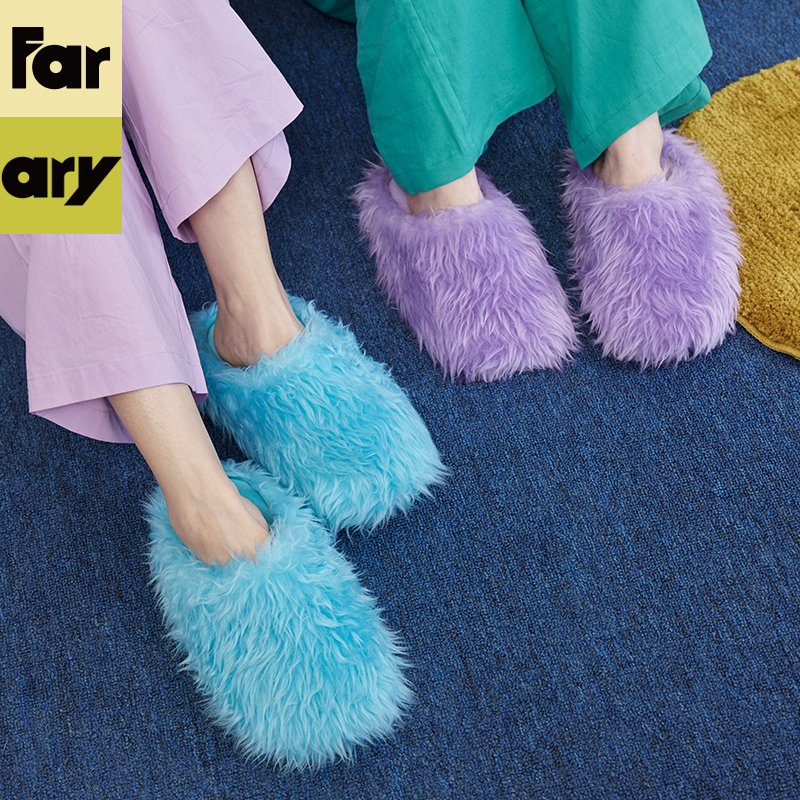 Farfary番薯泥蓝色博肯鞋半拖女冬天保暖防滑室内软底毛毛棉拖鞋