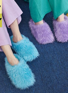 Farfary番薯泥蓝色博肯鞋半拖女冬天保暖防滑室内软底毛毛棉拖鞋