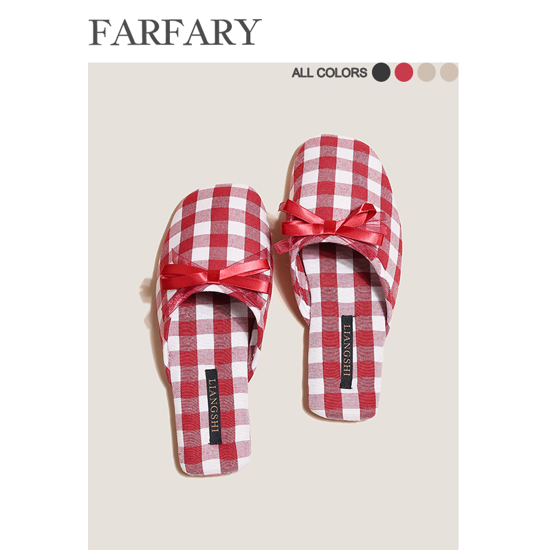 Farfary 秋冬新款蝴蝶结千鸟格室内居家拖鞋女高级感室内居家棉拖