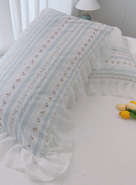 荷叶边纯棉单人少女枕套48*74cm花边带拉链蓝色小碎花全棉枕芯套