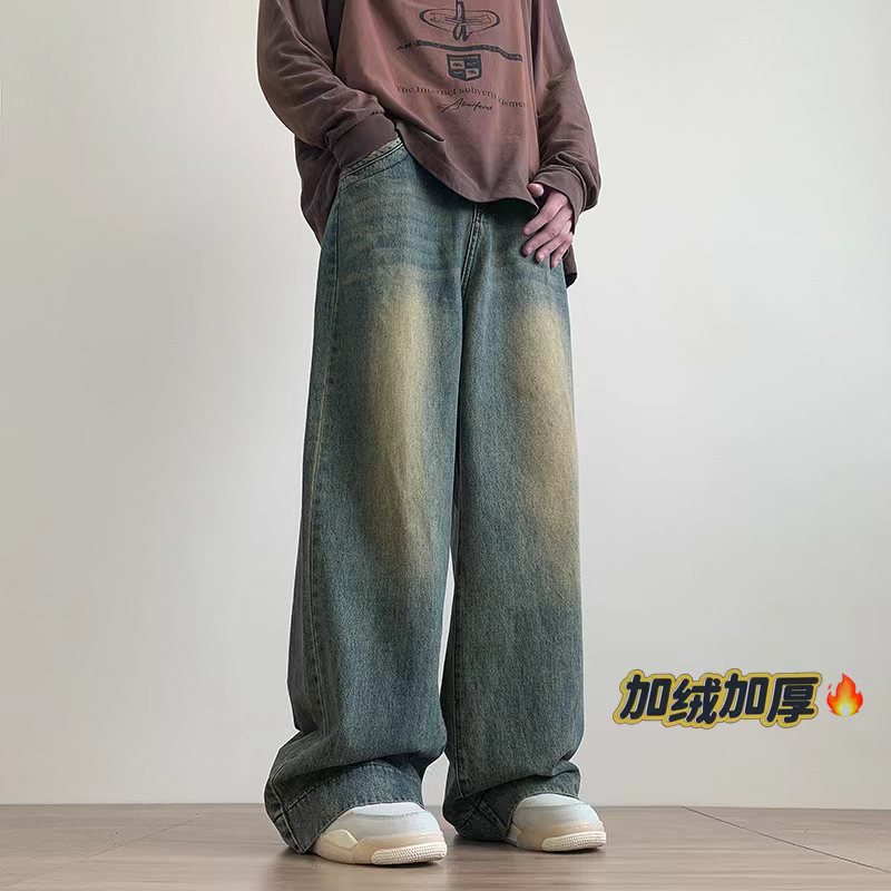 牛仔裤美式高街复古宽松阔腿裤不加绒P50控68加绒P60控78,男装牛仔裤,电商D205