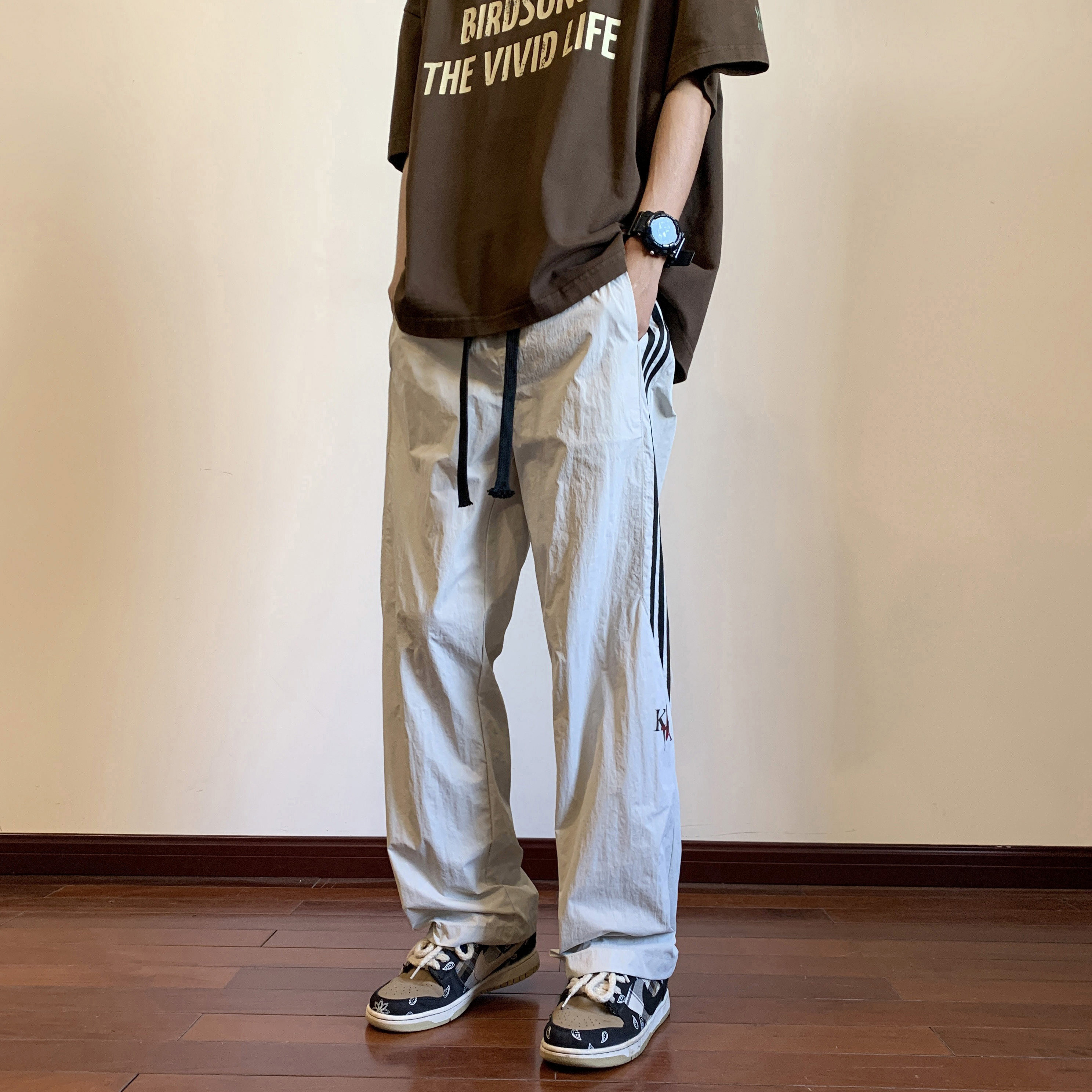 伞兵裤侧边彩条速干休闲裤夏季阔腿宽松百搭伐木长裤P50控68,男装休闲裤,电商D205