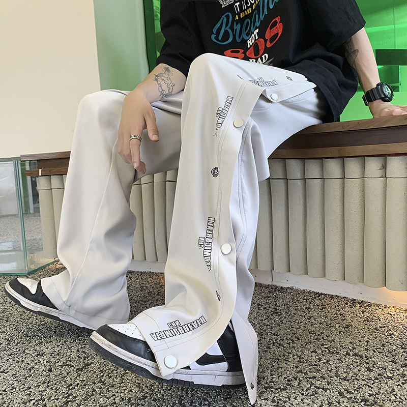 排扣冰丝休闲男夏季薄款高街ins潮牌阔腿男裤直筒裤子P50控68,男装休闲裤,电商D205