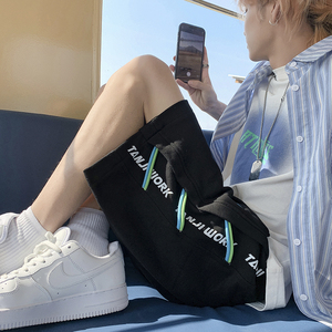 强推！夏季新款 港风织带装饰宽松五分裤直筒休闲短裤 P35 控48，男装牛仔裤，电商D205