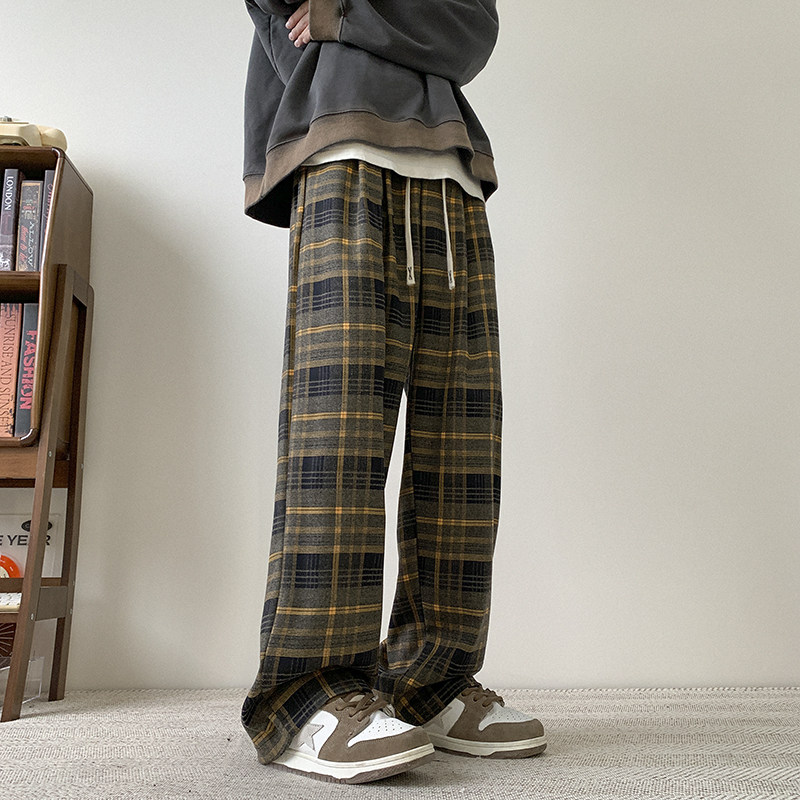 加绒加厚慵懒风磨毛格子裤直筒休闲裤不加绒P50控68加绒P60控78,男装卫衣,电商D205
