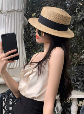 草帽女夏沙滩帽短帽檐平顶帽英伦日系海边度假出游防晒遮阳帽网红