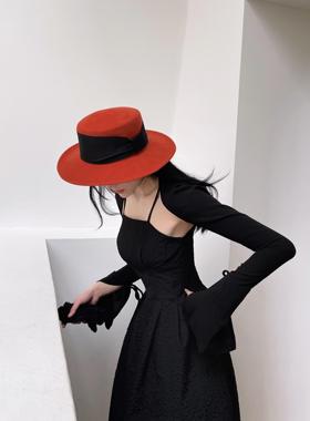 欧美风格秋冬新款平顶羊毛呢砖红色礼帽复古百搭法式英伦毛毡帽女