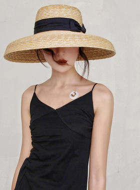 欧美风格女夏天法式复古赫本优雅麦秆大檐钟型草帽遮阳度假沙滩帽