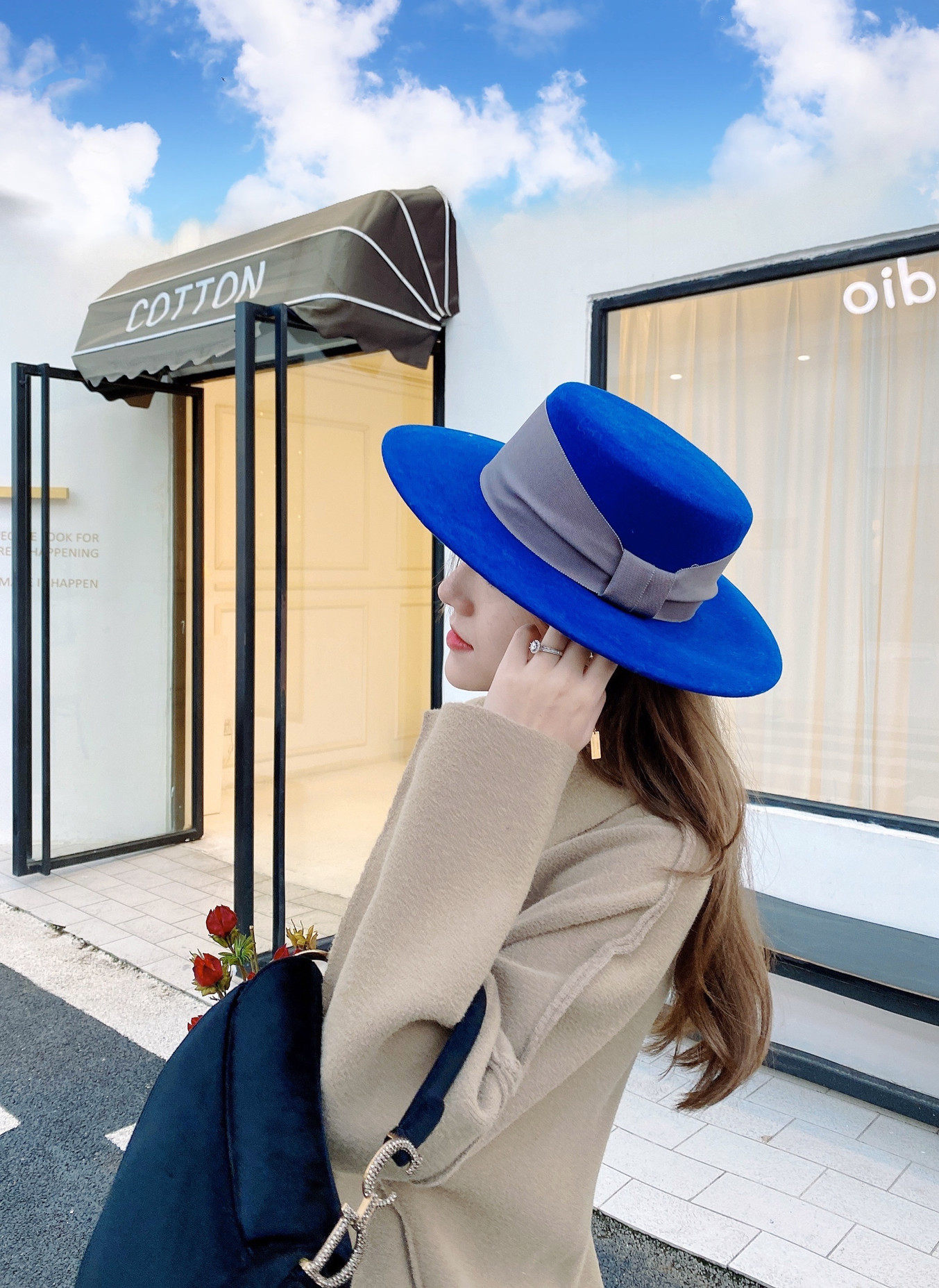 欧美风格秋冬法式复古平顶宽檐羊毛呢礼帽宝蓝色宽织带造型毛毡帽