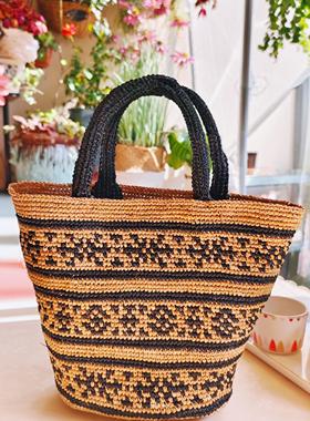 日系法式黑色拼接编织手提包度假沙滩手工编织拉菲草编包女夏出游