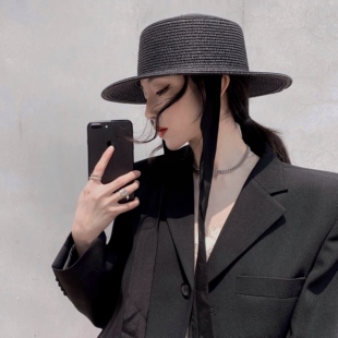 黑色宽檐巴拿马草帽女夏天法式系带复古平顶礼帽遮阳防晒沙滩帽子