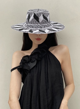 欧美风格黑白色编织巴拿马平顶礼帽男女夏天遮阳防晒度假沙滩草帽