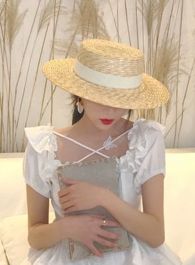 平顶帽子女夏季草帽度假麦秆编织海边沙滩帽网红防晒遮阳英伦礼帽