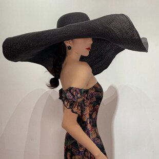 欧美大檐草帽女沙滩帽海边度假时尚优雅凹造型大沿帽子女夏太阳帽