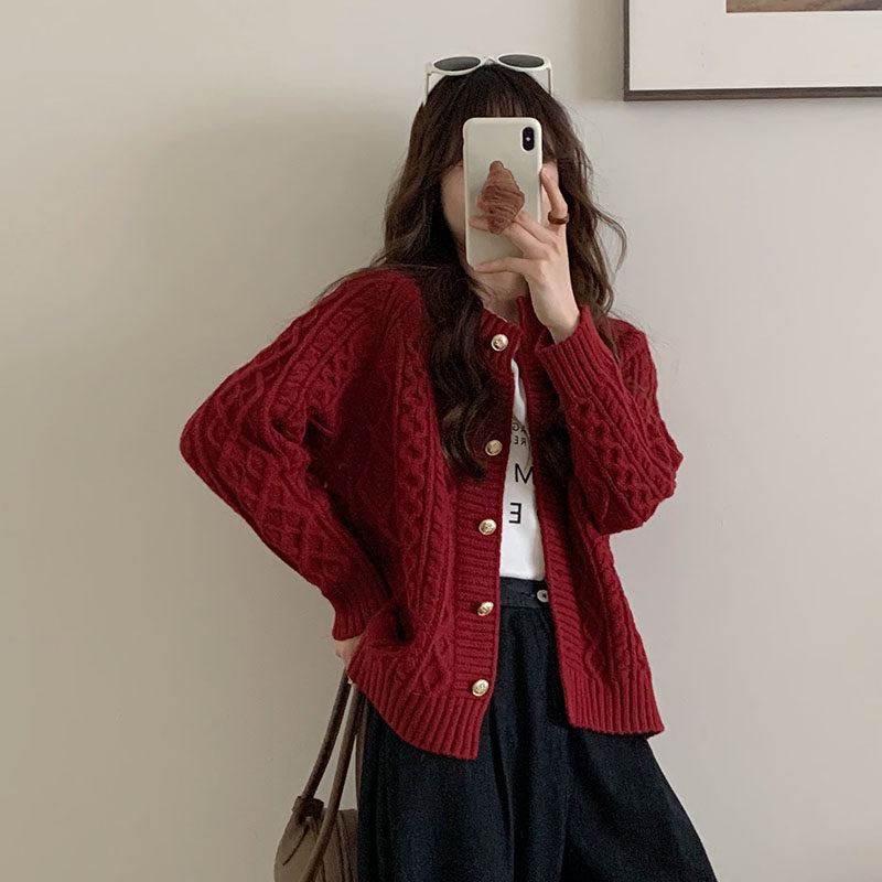 红色复古麻花毛衣外套女宽松秋季新款韩版高级感软糯针织开衫上衣