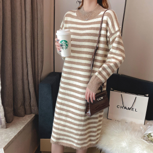 复古中长款毛衣裙过膝宽松百搭秋冬新款韩版条纹套头针织衫女外穿