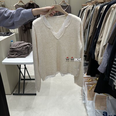 韩国直邮EFFERVESCENT空空韩代26秋冬季新款通勤V领蕾丝针织衫