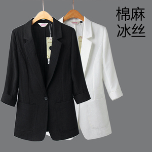 2019夏季韩版黑色棉麻西服修身显瘦休闲七分袖薄亚麻小西装外套女