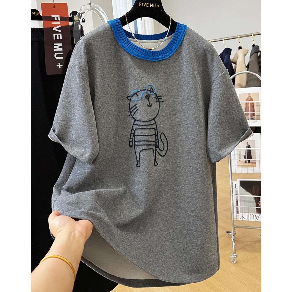 胖mm特大码2-300斤撞色领卡通刺绣磨毛德绒短袖T恤女秋冬保暖内搭