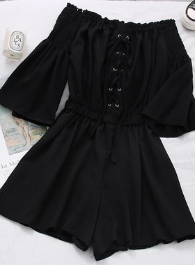 胖mm特大码2-300斤松紧露肩一字领系带连体裤女夏收腰时尚阔腿裤