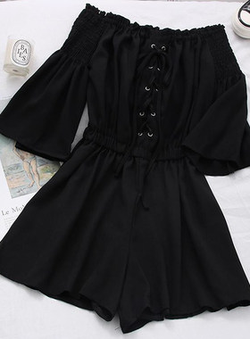 胖mm特大码2-300斤松紧露肩一字领系带连体裤女夏收腰时尚阔腿裤