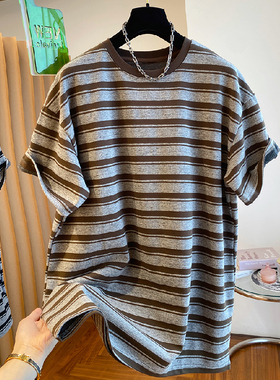 胖mm特大码300斤欧洲站自然卷边法式条纹短袖t恤女夏宽松半袖上衣