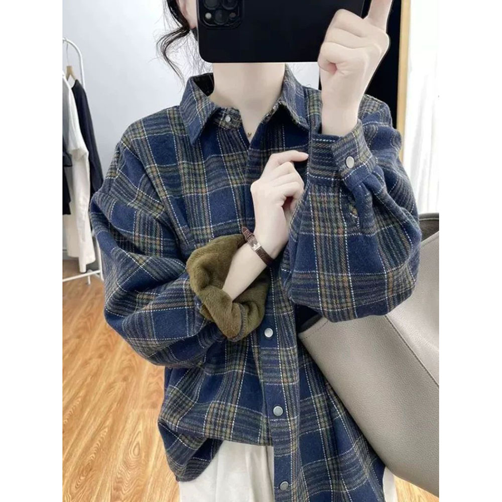 胖mm特大码2-300斤复古格子加绒衬衫女秋冬休闲加厚保暖衬衣外套