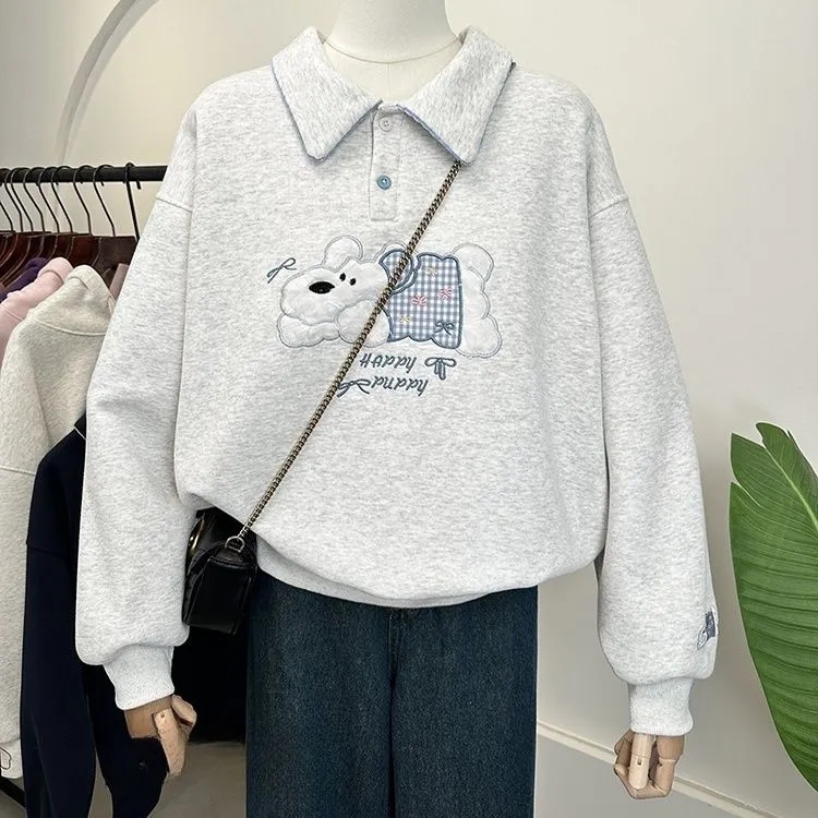 胖mm特大码300斤卡通小狗刺绣卫衣女秋冬季宽松加绒厚款翻领上衣