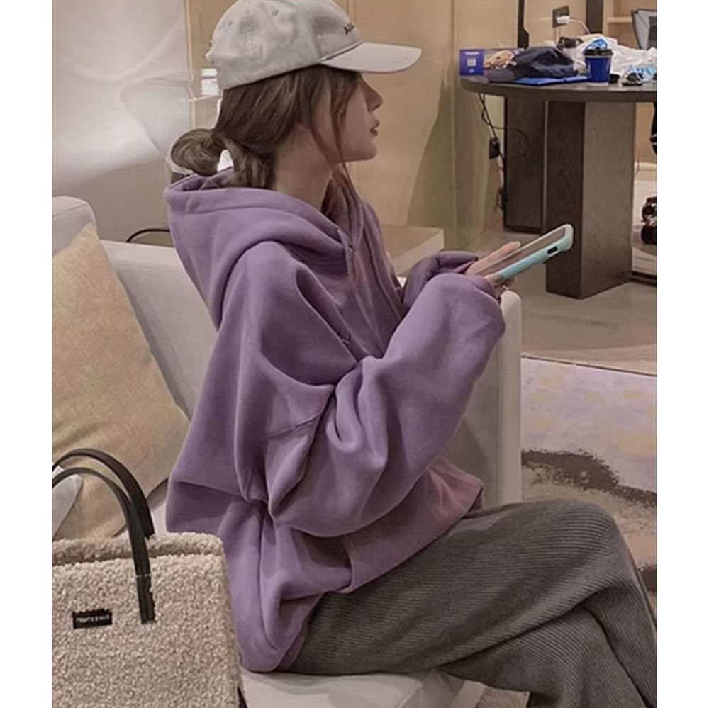 胖mm特大码300斤紫色高级感加绒连帽卫衣女秋冬季宽松遮屁股外套