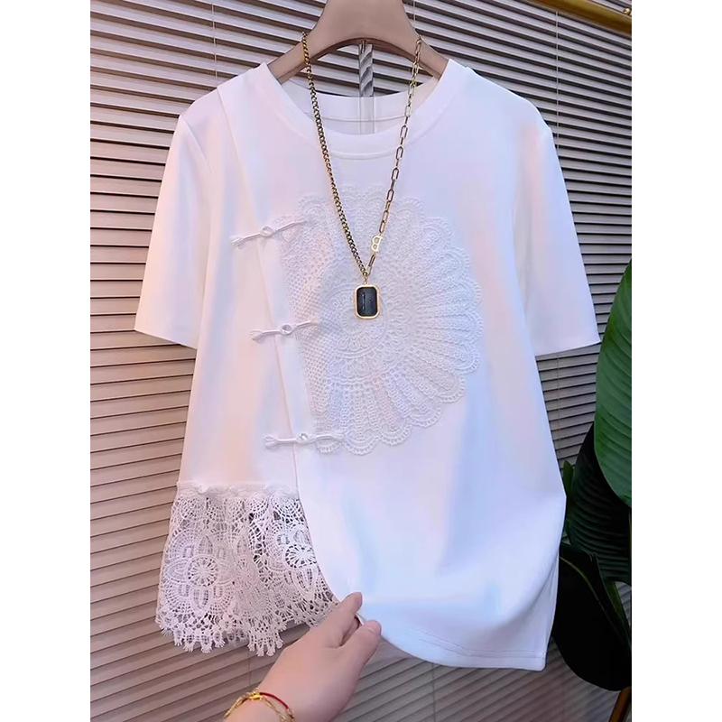 胖mm特大码2-300斤新中式国风蕾丝拼接短袖T恤女夏宽松不规则上衣