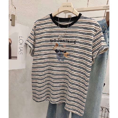 胖mm特大码300斤彩点条纹撞色短袖T恤女夏季韩系宽松圆领半袖上衣