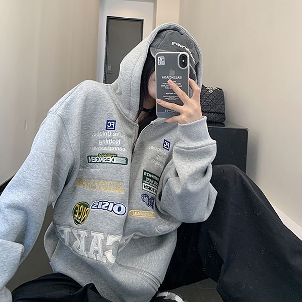 胖mm特大码300斤美式刺绣连帽开衫卫衣女秋冬宽松机车风加绒外套