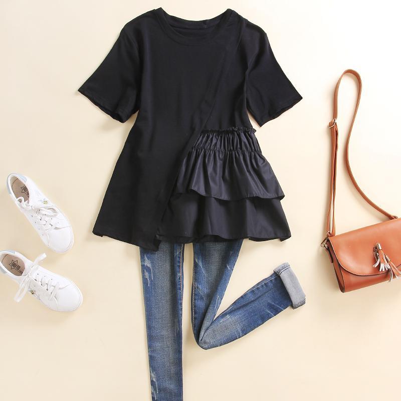 胖mm特大码300斤短袖t恤女夏ins潮韩式收腰显瘦设计感不规则上衣