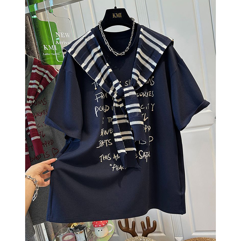 胖mm特大码300斤设计感条纹针织披肩短袖T恤女春秋款字母印花上衣