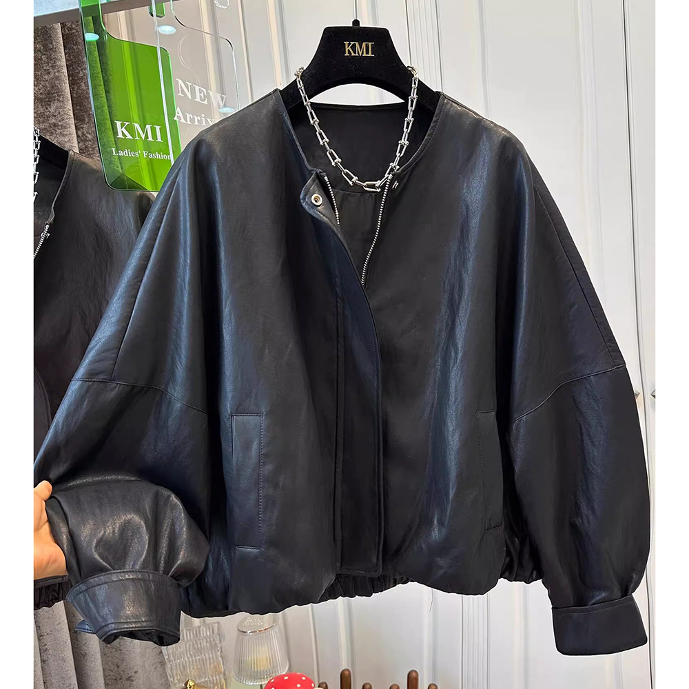 胖mm特大码250斤宽松长袖花苞PU皮衣女秋冬季落肩袖防风夹克外套