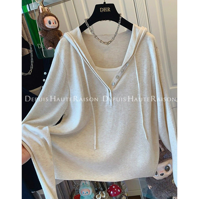 胖mm特大码300斤宽松内搭打底衫假两件拼接薄款连帽针织衫女春秋