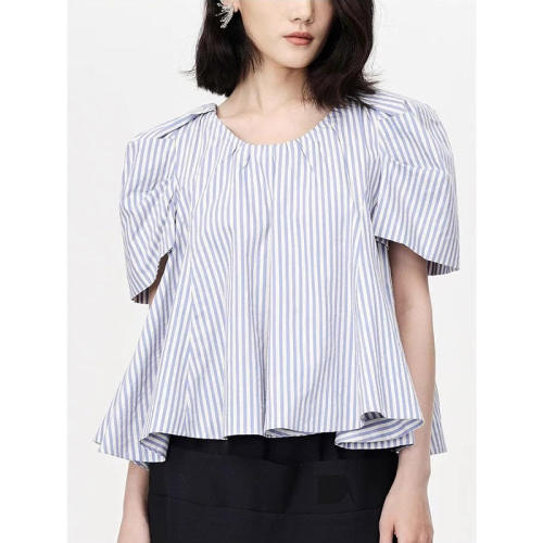 胖mm特大码300斤法式条纹衬衣女夏甜美减龄娃娃衫泡泡袖短款上衣