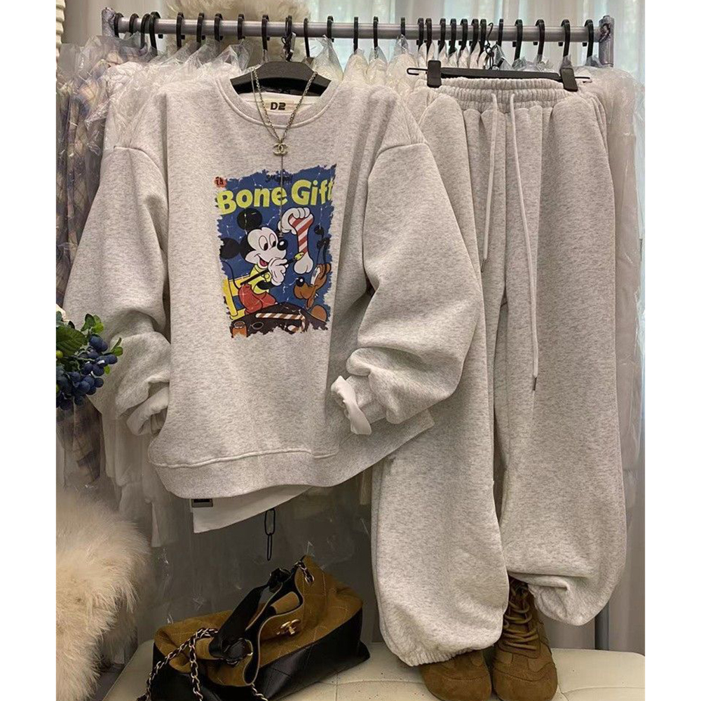 胖mm特大码300斤卡通印花休闲运动套装女秋冬加绒卫衣卫裤两件套