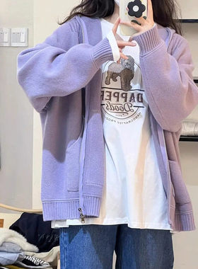 胖mm特大码300斤紫色连帽拉链毛衣外套女秋冬宽松慵懒风针织开衫