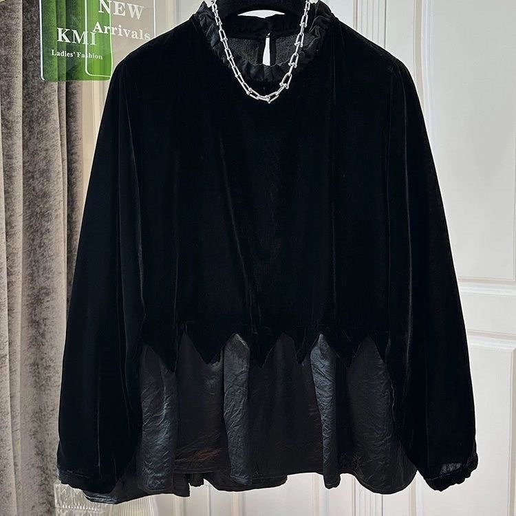 胖mm特大码300斤金丝绒拼接褶皱下摆卫衣女秋冬木耳边领法式上衣