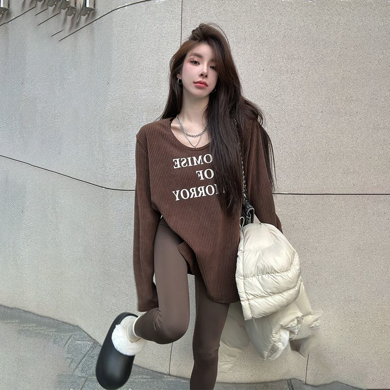 胖mm特大码300斤中长款打底衫女春秋薄款慵懒风美拉德长袖T恤上衣