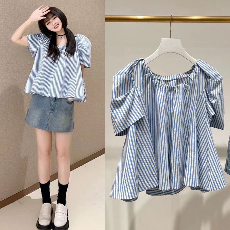 胖mm特大码300斤法式条纹衬衣女夏甜美减龄娃娃衫泡泡袖短款上衣