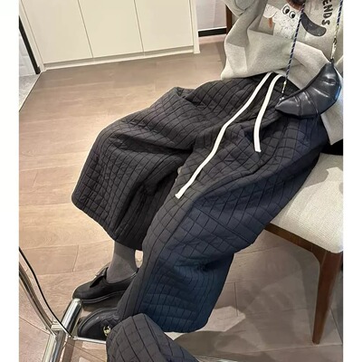 胖mm特大码2-300斤夹棉厚款阔腿休闲裤女秋冬松紧腰宽松保暖裤子