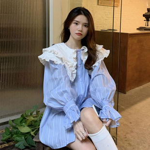 女春秋款 胖mm特大码 衬衫 300斤减龄条纹娃娃领长袖 宽松甜美上衣